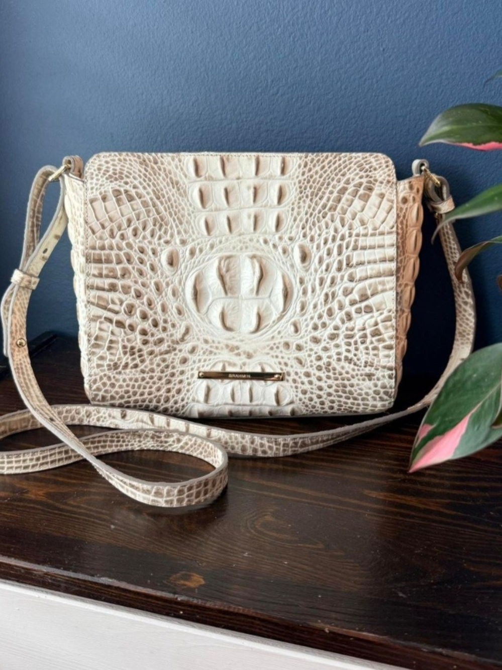 Brahmin Ivory Croc-Embossed Leather Crossbody Bag